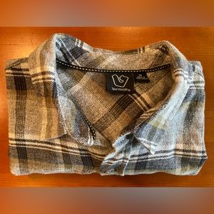 Burnside Gray and Gold Plaid Flannel Shirt Size M Long Sleeve Button Front